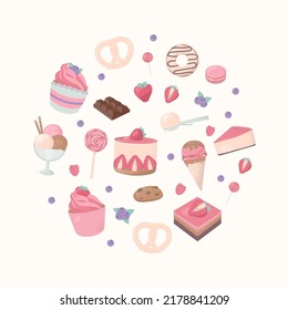 Dessert banner with a cake, cupcake, ice cream, candy, and fruit in pastel color floating on white background.