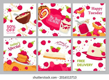 Dessert banner set, vector illustration. Sweet food at flyer poster collection, promotion design with free delivery design. Pastry with cream, best combo with tasty raspberry snack, cafe advertising.