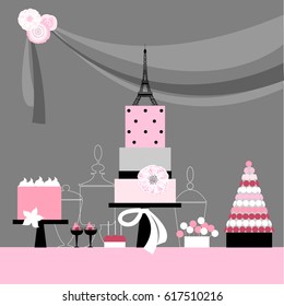 Dessert bar . Cake  with  Eiffel tower,  macaroons and cake.  Birthday sweet table. Vector illustration