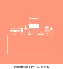 Dessert bar  with a rectangular frame for text. Birthday sweet table. Candy Buffet. Vector illustration