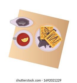 Dessert. Belgian waffles, tea with lemon, jam. Food illustration
