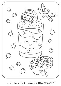 Postre con bayas en un vaso. Cookie. Alegre ilustración vectorial. Kawaii. Imagen en blanco y negro.