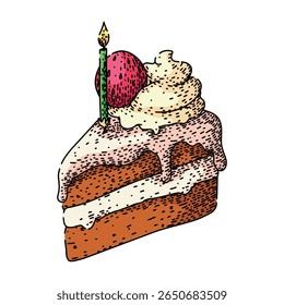 dessert birthday cake piece hand drawn. party layer, sweet flavor, sponge decoration dessert birthday cake piece vector sketch. isolated color illustration