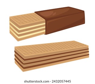 Dessert biscuit with vanilla and chocolate flavors. Isolated tasty meal, crunchy snack with cream or mousse between pieces. Delicious addition for tea or coffee in cafe or restaurant. Vector in flat