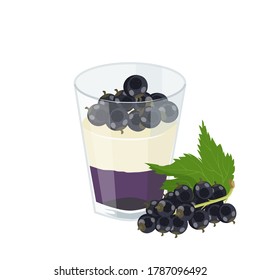 Dessert with black currant berries in a glass. Blackcurrant jelly, whipped cream and berries. Vector illustration.