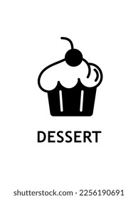Icono negro de postre. Pastel o pastel, muffin. Postre y manjar con crema de mantequilla. Dulces, postres y delicadeza. Afiche o cartel para el sitio web. Dibujo vectorial plano de dibujos animados