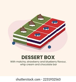 Dessert box with matcha, strawberry and blueberry flavor,
whip cream and chocolate bar