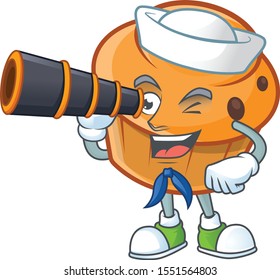 Dessert brioche of appetizing with sailor holding binocular mascot