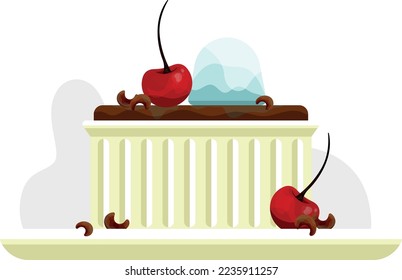 Dessert. Brownie in shape with decorations. Cake with chocolate chips and ice cream. Dessert decorated with cherries.