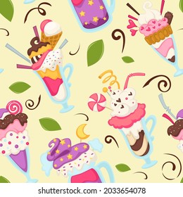 Dessert in cafe or shop, restaurant or bistro. Ice cream served in glass with straw. Smoothie or organic frozen drink with candies. Seamless pattern, background or print, vector in flat style
