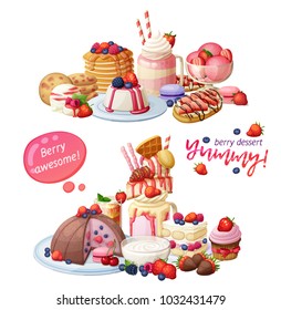 Dessert cafeteria menu. Top illustration with sweets range. Confectionery cartoon vector design