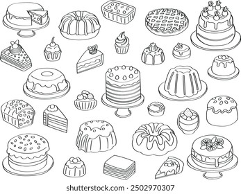 Dessert, cake. Black and white isometric cake flat icon set.
Coloring page black outline vector illustrations.