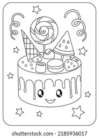 Dessert. Cake, candy, lollipop. Cheerful vector image. Kawaii. Coloring.