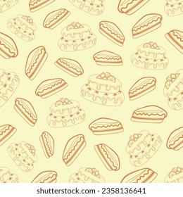 Dessert of cake and cheesecake will satisfy any discerning taste, vector, seamless pattern, background, package, seamless, contour, decoration, line art