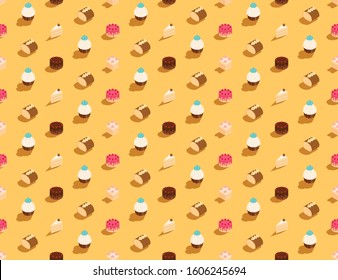 Dessert Cake, cupcake and jam roll 3D isometric seamless pattern, Bakery concept poster and social banner post design illustration isolated on cream background with copy space, vector eps 10