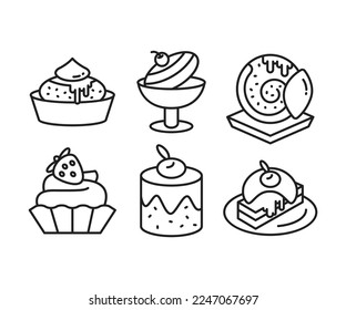dessert and cake icons set line illustration