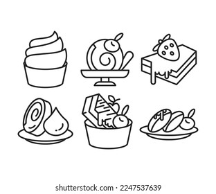 dessert and cake icons set line illustration
