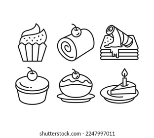 dessert and cake icons set line illustration