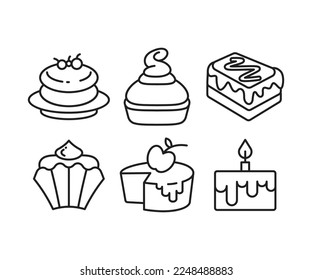 dessert and cake icons set line illustration