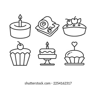 dessert and cake icons set line illustration