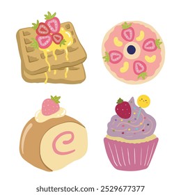 dessert cake illustration vector - straberry cheese cake, waffle, donuts, cheesecake, rolled cake, strawberry cake, cupcakes birthday