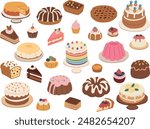 Dessert, cake isometric flat icon collection. 20+ piece of cake vector illustration