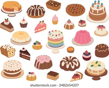 Dessert, cake isometric flat icon collection. 20+ piece of cake vector illustration