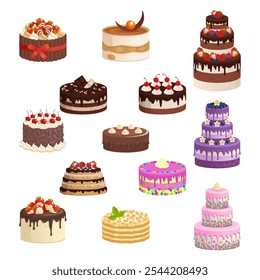 Dessert, cake isometric flat icon collection. Illustration of collection of cakes. 3d birthday cake vector clipart design.