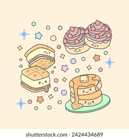 dessert cake pastry pancake biscuit cupcake with cute facial expressions and pastel colour