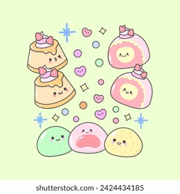 dessert cake pastry pudding mochi rollcake with cute facial expressions and pastel colour