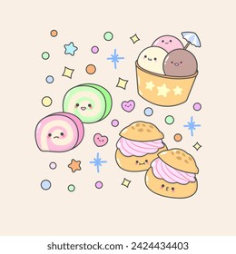 dessert cake pastry rollcake icecream eclair with cute facial expressions and pastel colour