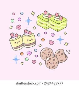 dessert cake pastry sponge cake mousse biscuit with cute facial expressions and pastel colour