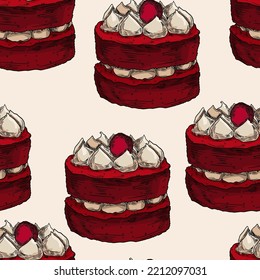 Roter Dessertkuchen, handgezeichnet, Nahtloses Muster