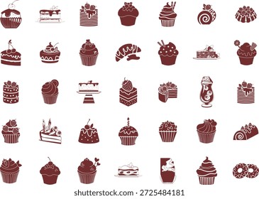 Dessert and Cake Silhouette Icon Set with Cupcakes Pastries and Sweet Treats Vector.