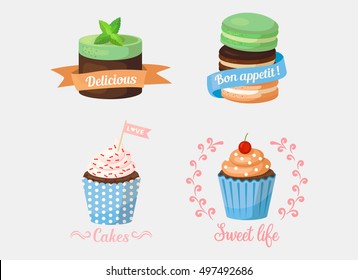 Dessert cake and sweetie cupcakes, pastry with mint leaf on top and ribbons saying delicious and bon apetit. Ideal for confectionery logo or bakery banner, celebration emblem