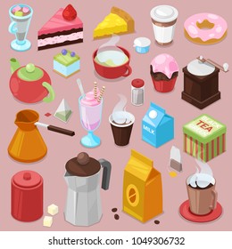 Dessert cake vector drink coffee or tea with baked cupcake and sweet doughnut in cafe illustration set of coffeecups and caked biscuits from menu in coffeeshop isolated on background