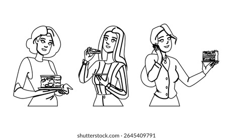 bolo de sobremesa vetor mulher. receita celebração, chocolate de casamento, camadas de baunilha bolo de sobremesa personagem mulher. pessoas linha preta lápis desenho ilustração