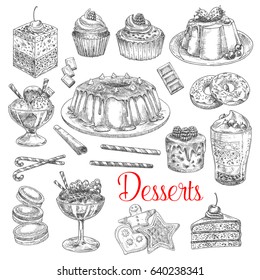 Dessert cakes and pies vector sketches. Waffle biscuits, sweet pastry muffins and brownie muffins with cherry and cream topping. Isolated set of tiramisu torte and charlotte pudding tart and ice cream