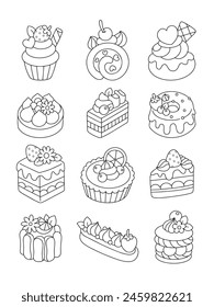 Pasteles de postre y comida dulce para colorear ilustración de página