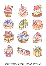 Pasteles de postre y pegatinas de comida dulce ilustración