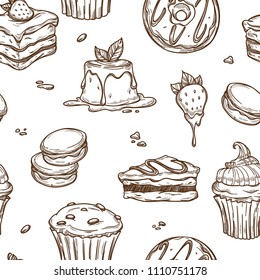 Dessert cakes vector sketch pattern background