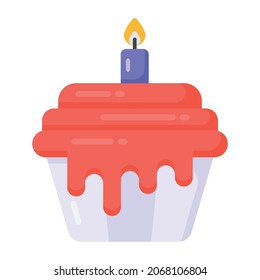 Dessert with candle denoting flat icon of birthday cupcake 