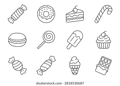 Dessert candy set icon. Wrapped sweet, glazed donut, layered pastry, striped cane, creamy cupcake, frozen popsicle, chocolate bar, spiral lollipop, sugary confection assortment.