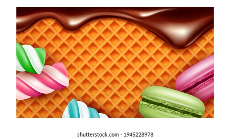 Vector de pancartas Creative Promo para Tienda de dulces de postre. Afiche De La Tienda De Velas Y Mariscos Frescos Y Sabrosos. Chocolate Waffle Y Drill En Diseño De Estilo De Fondo Ilustración