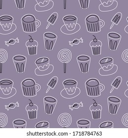 Dessert candy tea cup coffee flat hand drawn seamless pattern. Ideal for background, wallpaper, textile, backdrop, wrapping paper. Pattern design. hipster modern style.