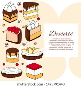 Dessert card concept. Cakes illustration for design and web,