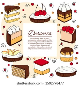 Dessert card concept. Cakes illustration for design and web,