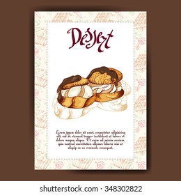 Dessert card with profiteroles. Menu for cafe or restaurant. Template with hand drawn sketch bakery. Vector illustration