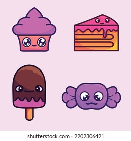 Dessert Cartoon Mascot Vector Design Flat Cute Smile Expression Ice Cream Cake Candy