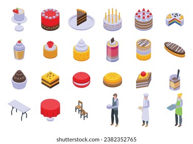 Dessert catering icons set isometric vector. Cook delivery. Dinner business food